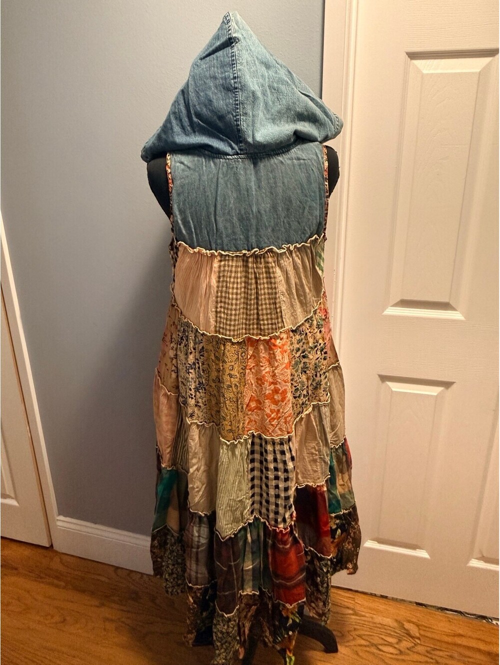 YOUNG THREADS Patchwork Hooded Maxi Duster Dress Denim Boho NWT Medium - Picture 3 of 6